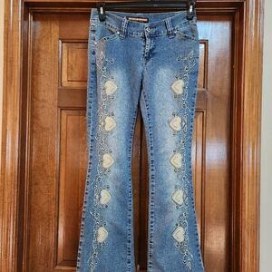 Blue Flare Wide Leg Jeans with Distressed Details